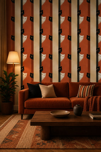 Cat Illustration Wallpaper Striped Background Modern Minimalist Removable Wall Decor