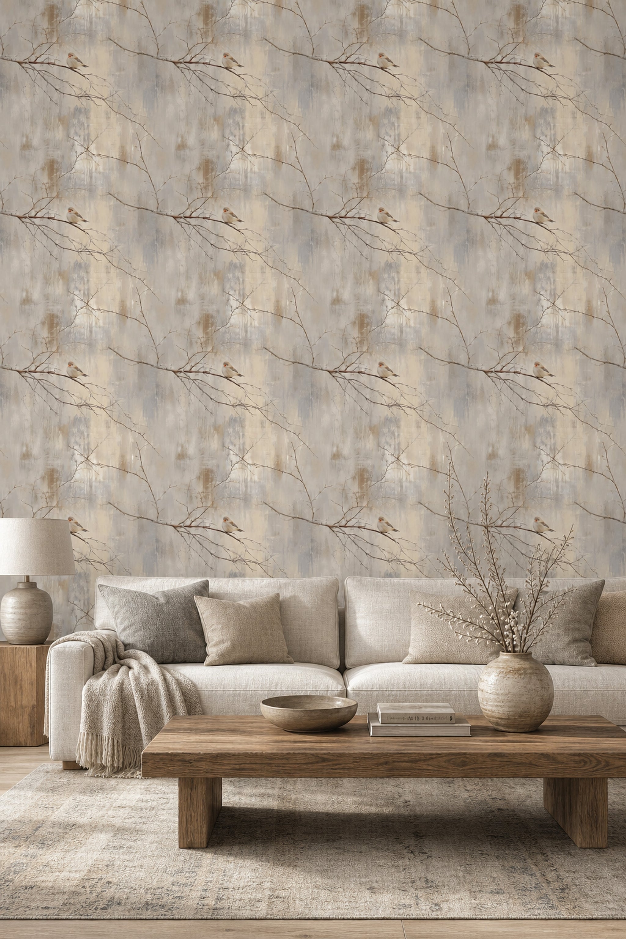 Winter Bird Wallpaper Bare Branches Scandinavian Style Decorative Mural