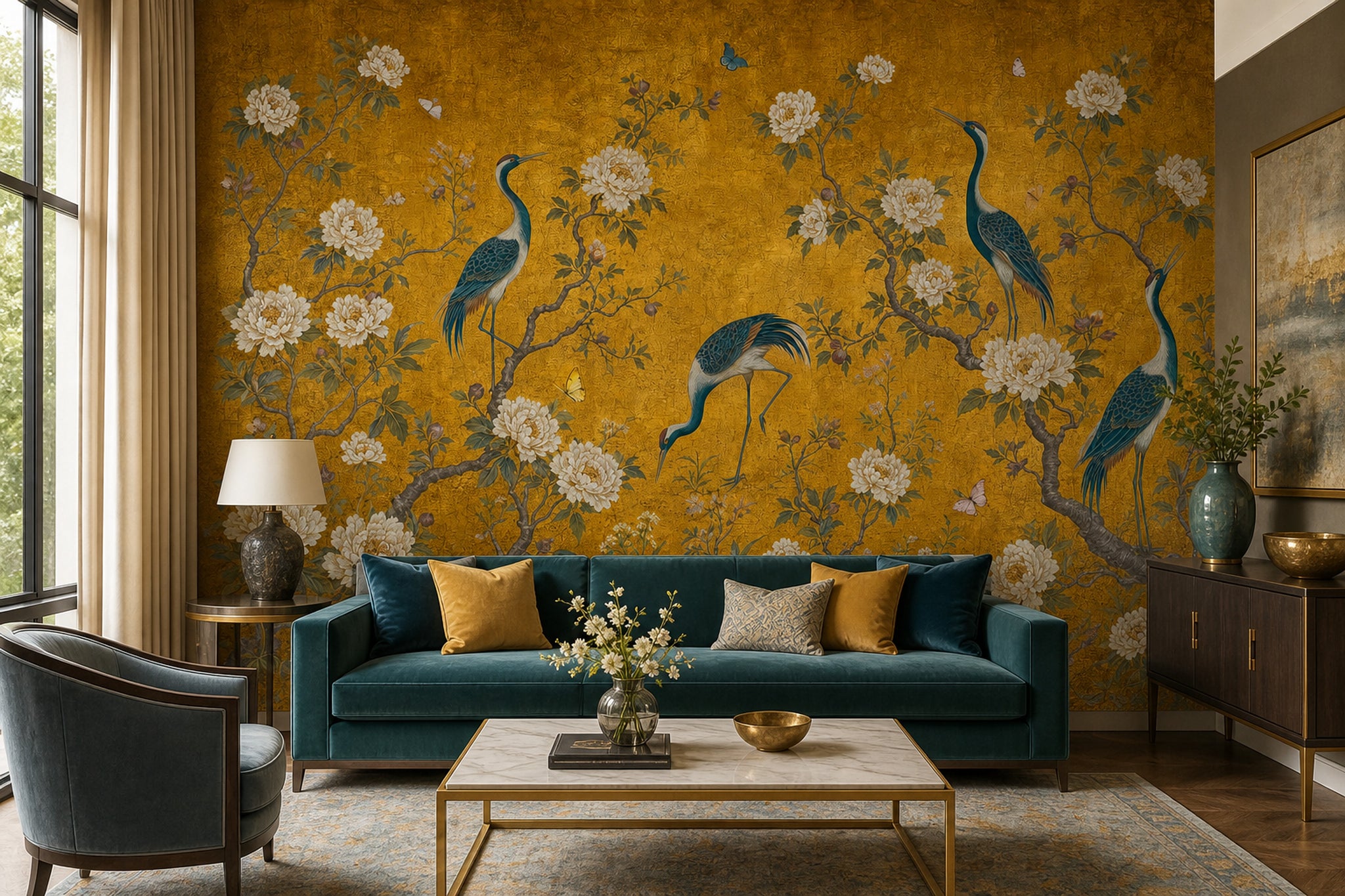 Muted Green Wallpaper Chinoiserie Gold Removable Wall Decor