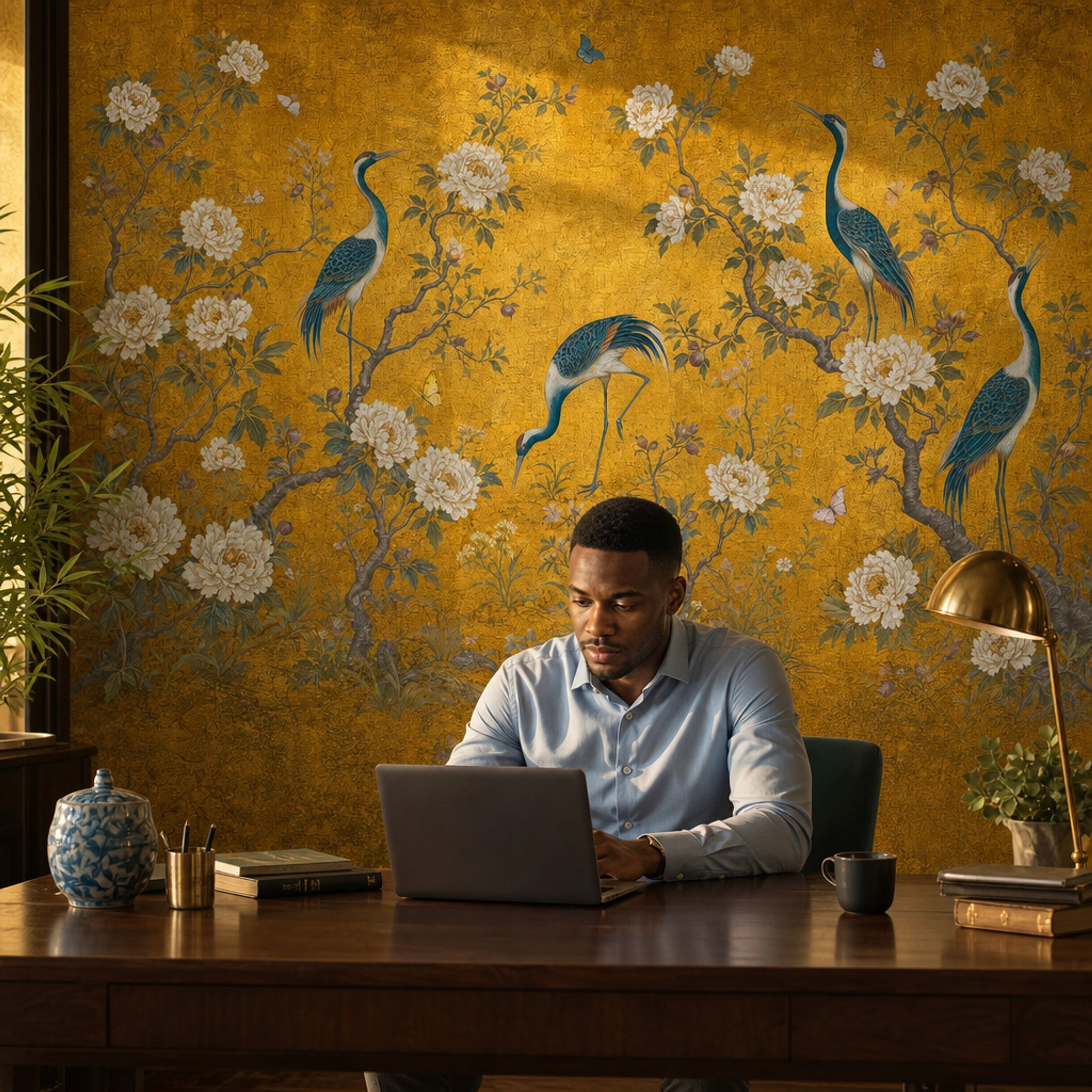 Muted Green Wallpaper Chinoiserie Gold Removable Wall Decor