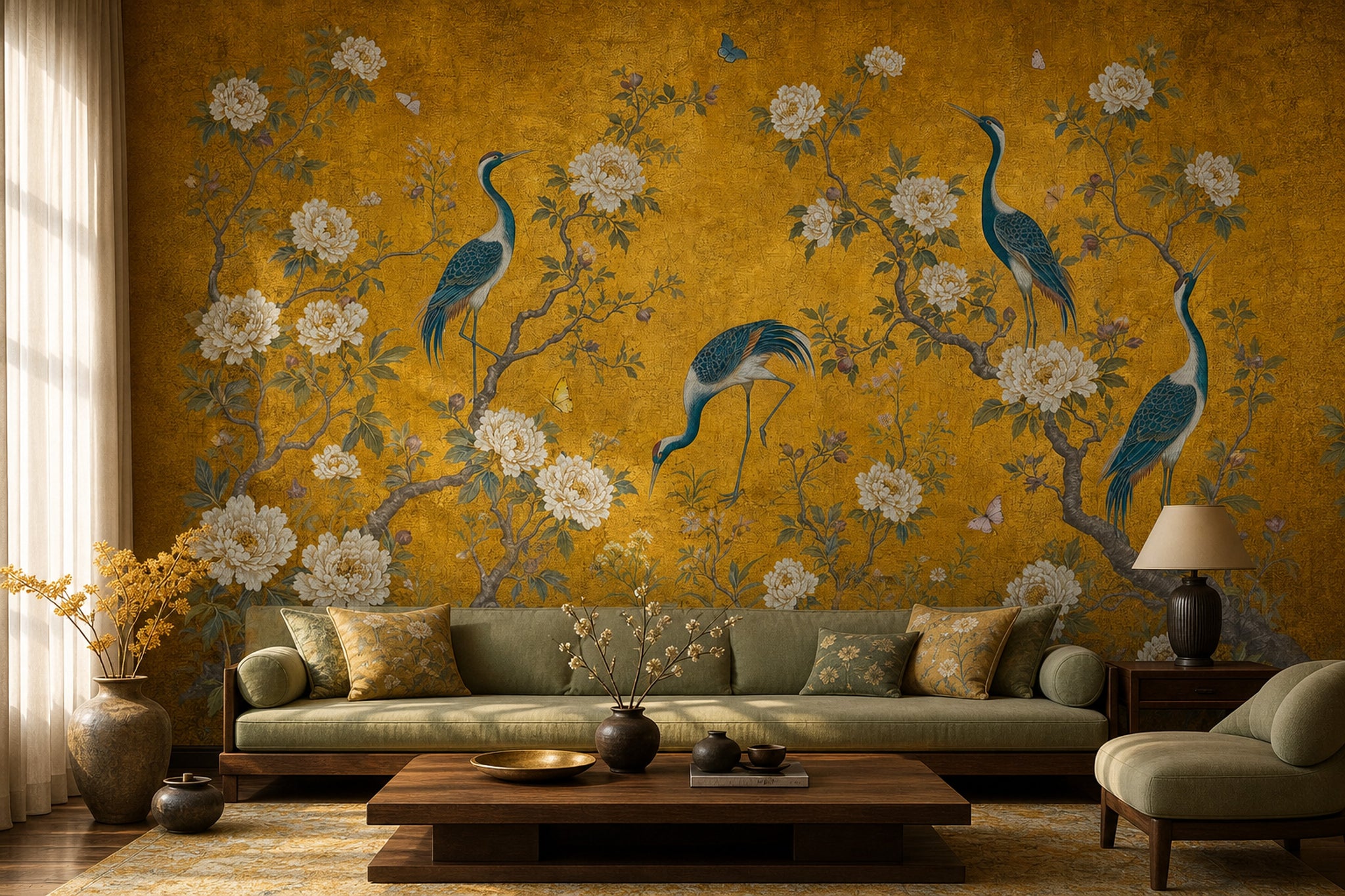 Muted Green Wallpaper Chinoiserie Gold Removable Wall Decor