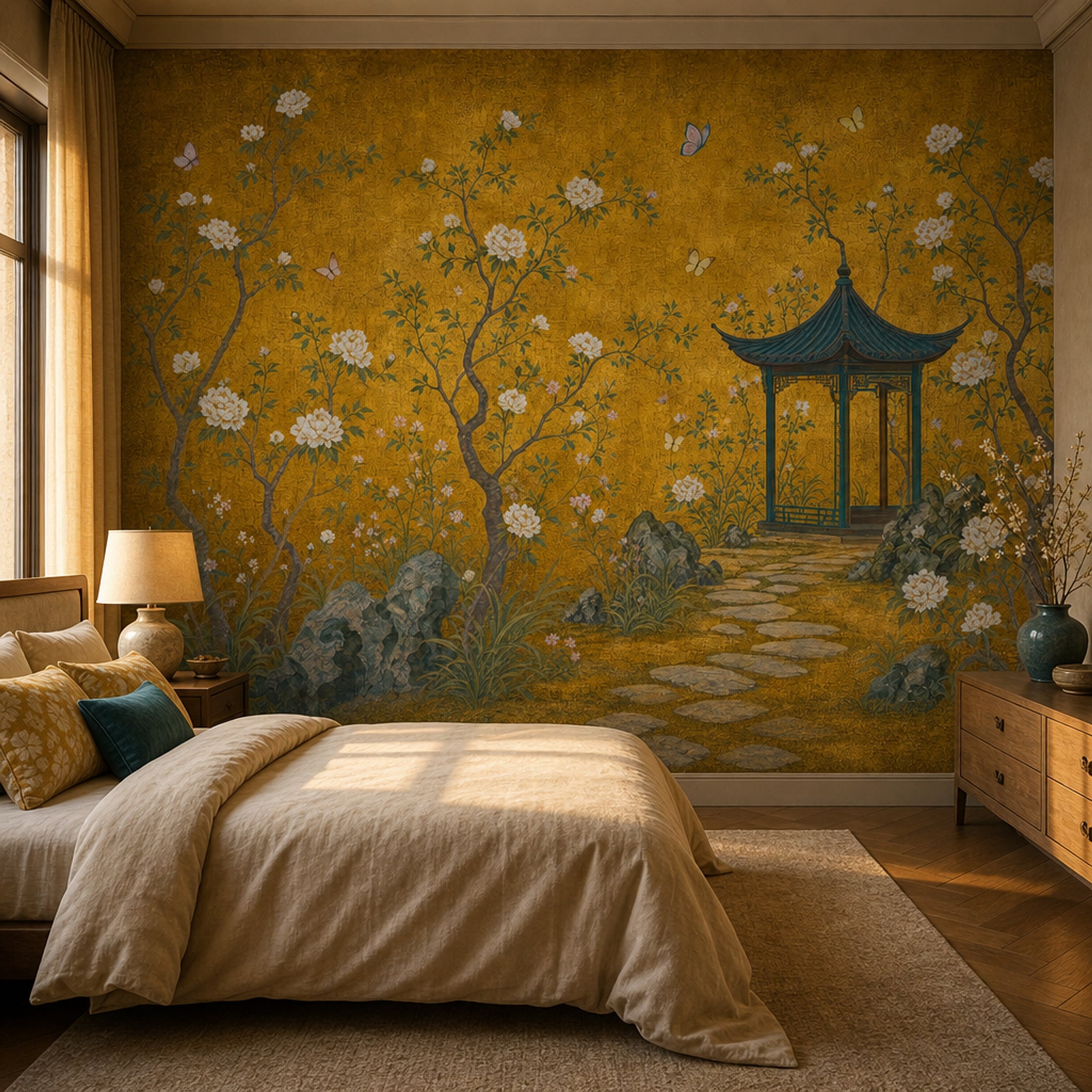 Muted Green Wallpaper Garden Removable Chinoiserie Wall Decor