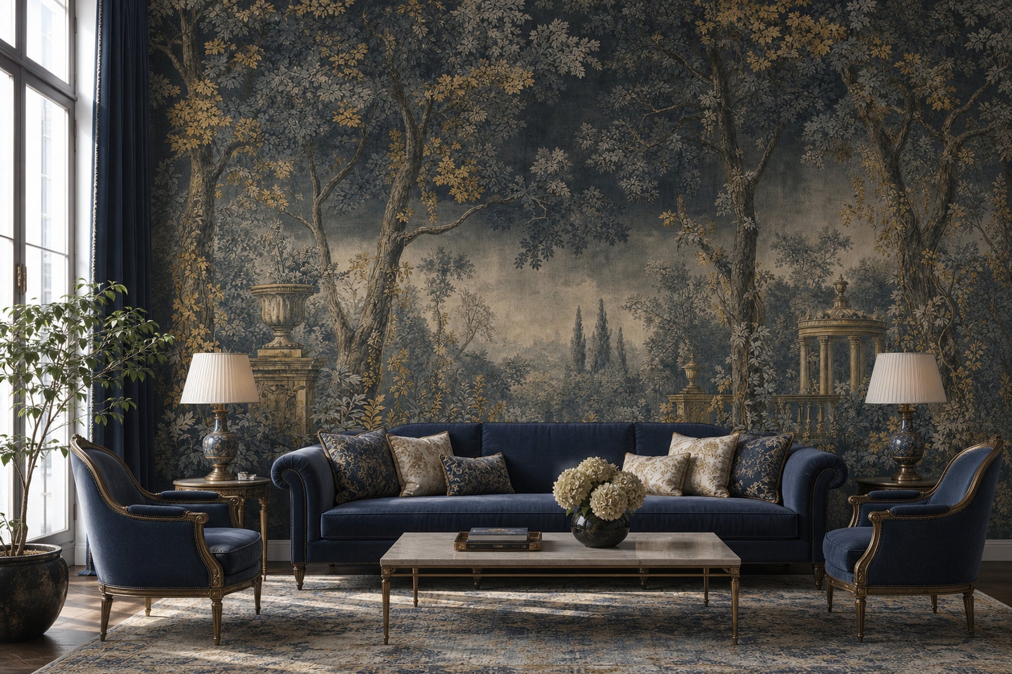 Toile Landscape Wallpaper Woodland Trees Columned Pavilion Removable Wall Decor