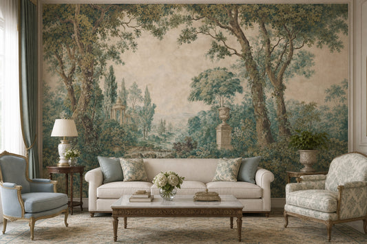 Muted Green Wallpaper Pastoral Landscape Removable Vintage Wall Decor