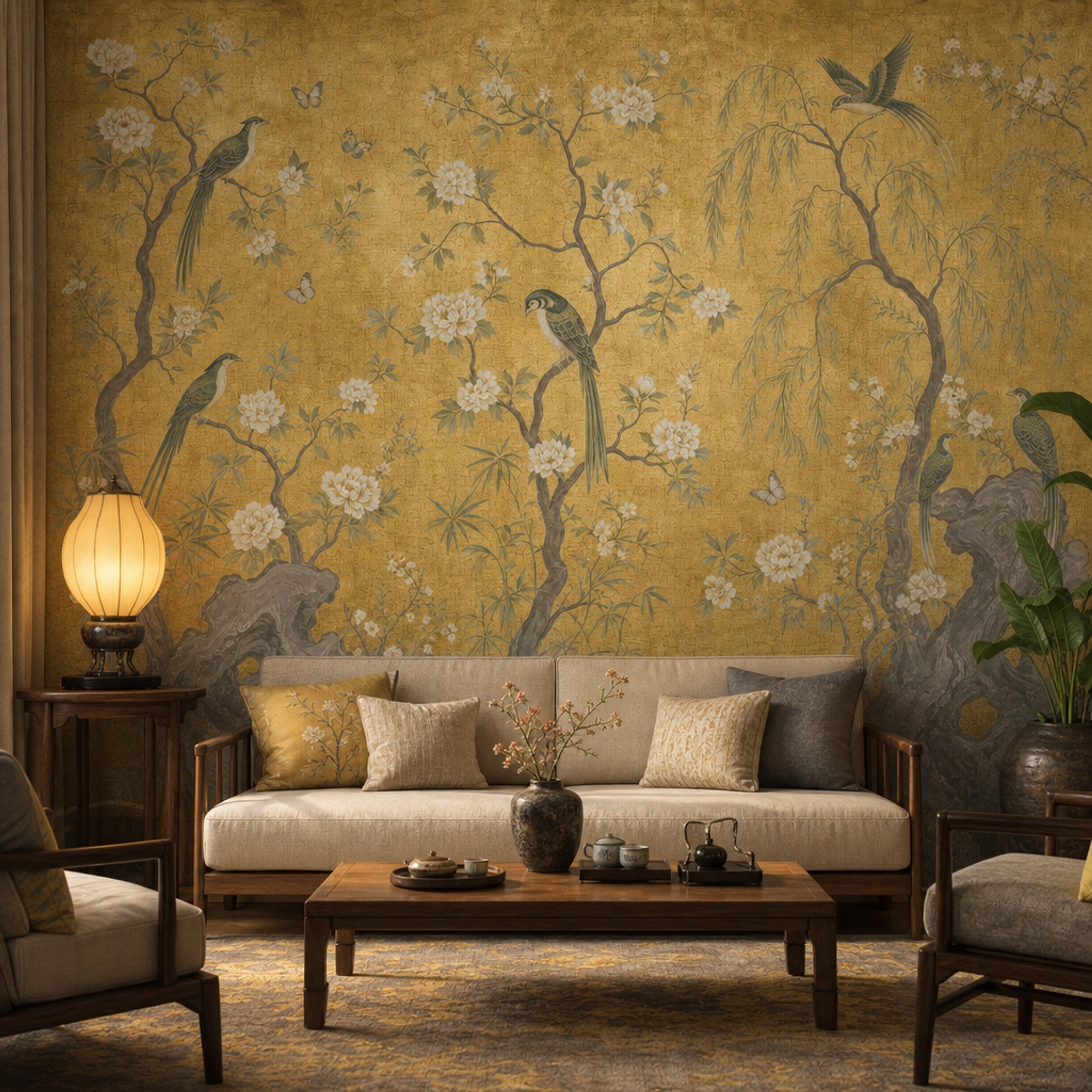 Muted Green Wallpaper Chinoiserie Gold Removable Wall Decor