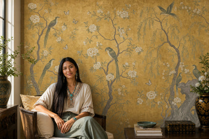 Muted Green Wallpaper Chinoiserie Gold Removable Wall Decor