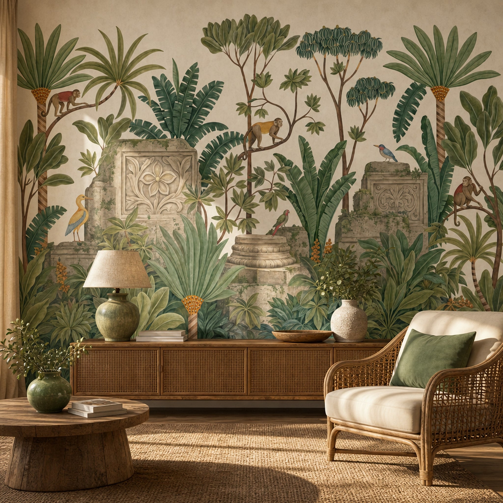 Tropical Jungle Wallpaper Green Foliage Removable Monkeys Wall Decor