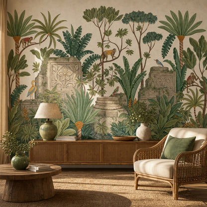 Tropical Jungle Wallpaper Green Foliage Removable Monkeys Wall Decor