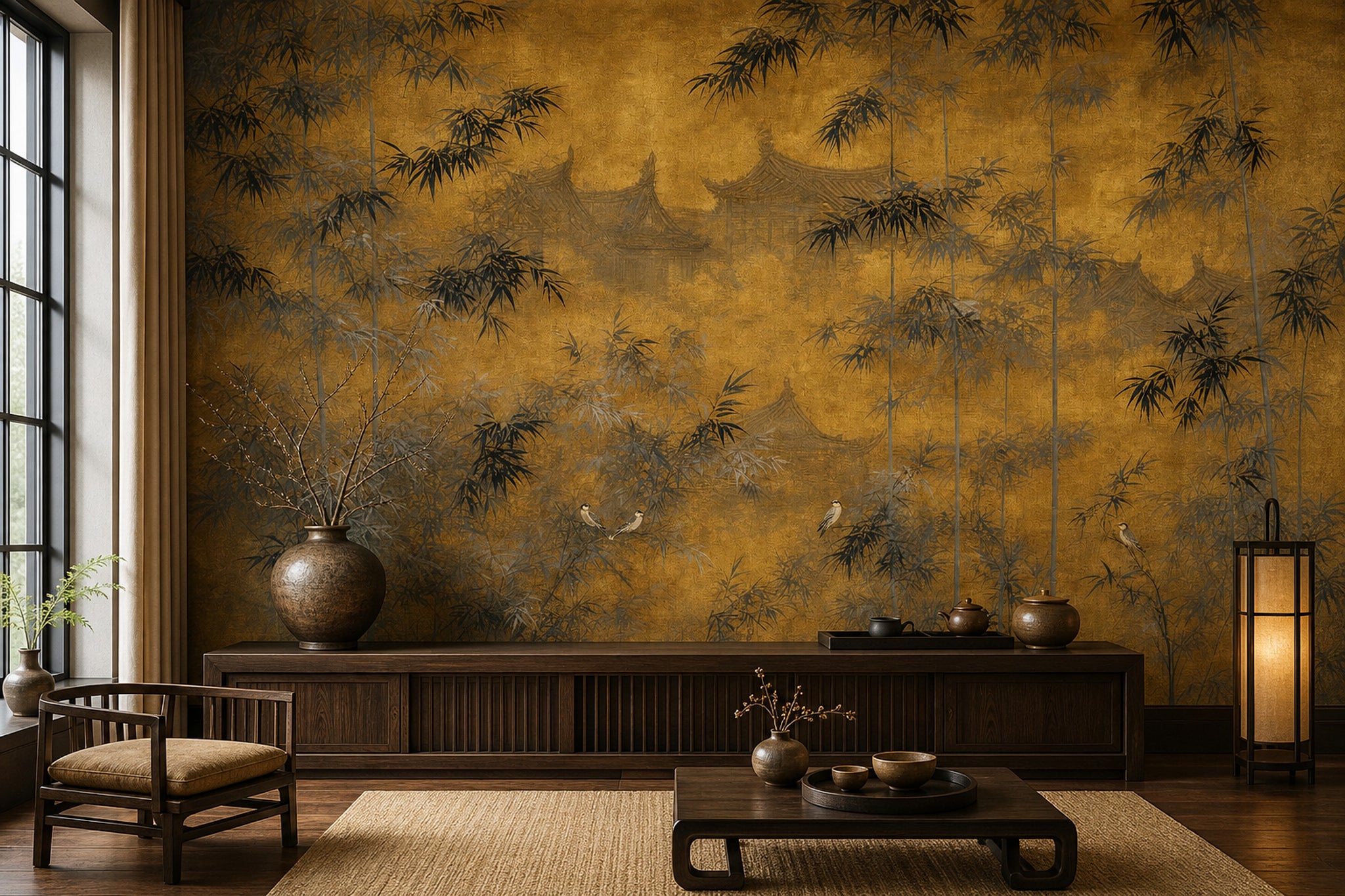 Gold Leaf Background Wallpaper Bamboo Grove Asian Landscape Removable Wall Decor