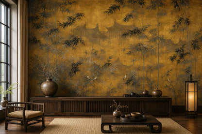 Gold Leaf Background Wallpaper Bamboo Grove Asian Landscape Removable Wall Decor