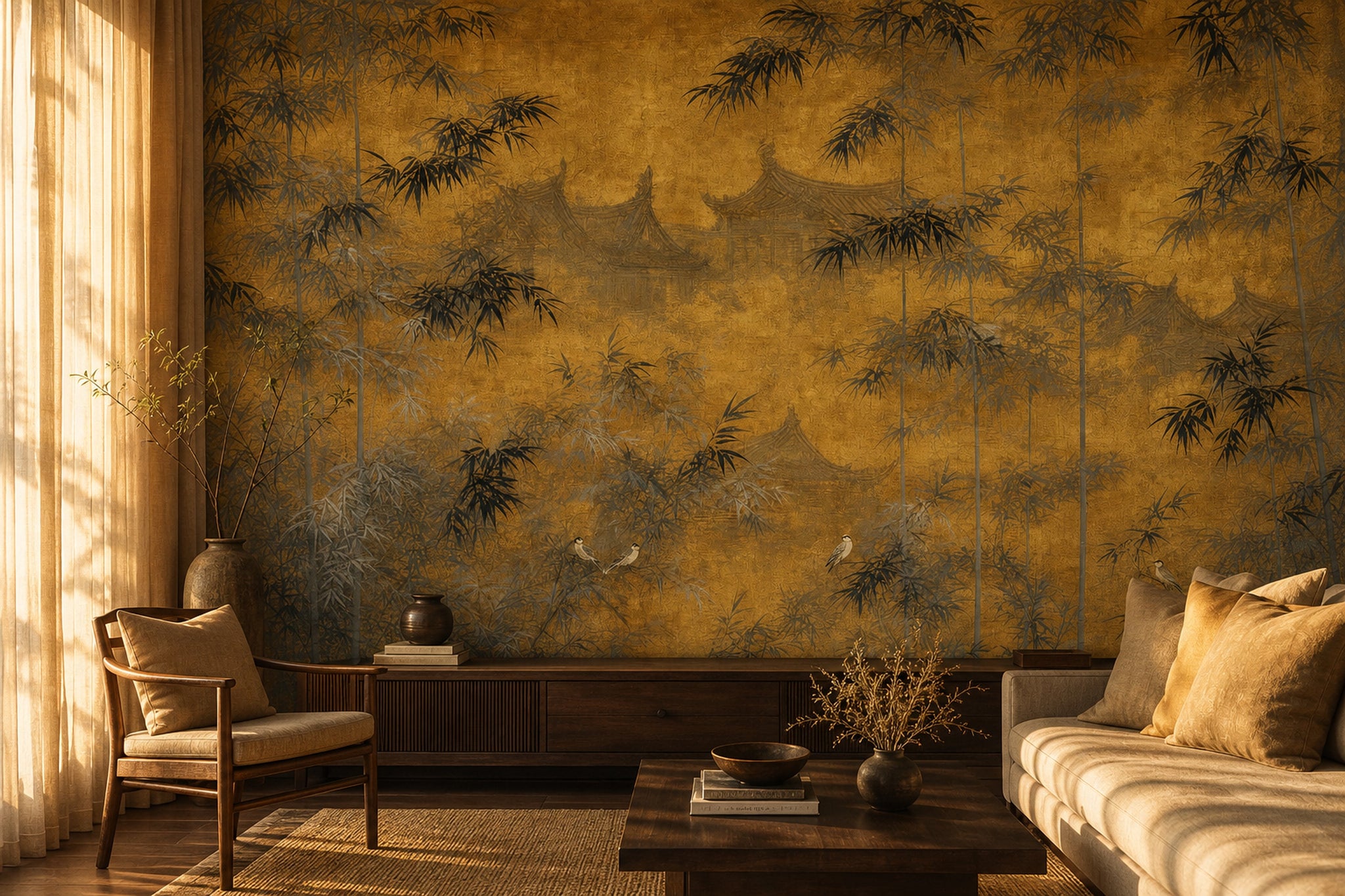 Gold Leaf Background Wallpaper Bamboo Grove Asian Landscape Removable Wall Decor