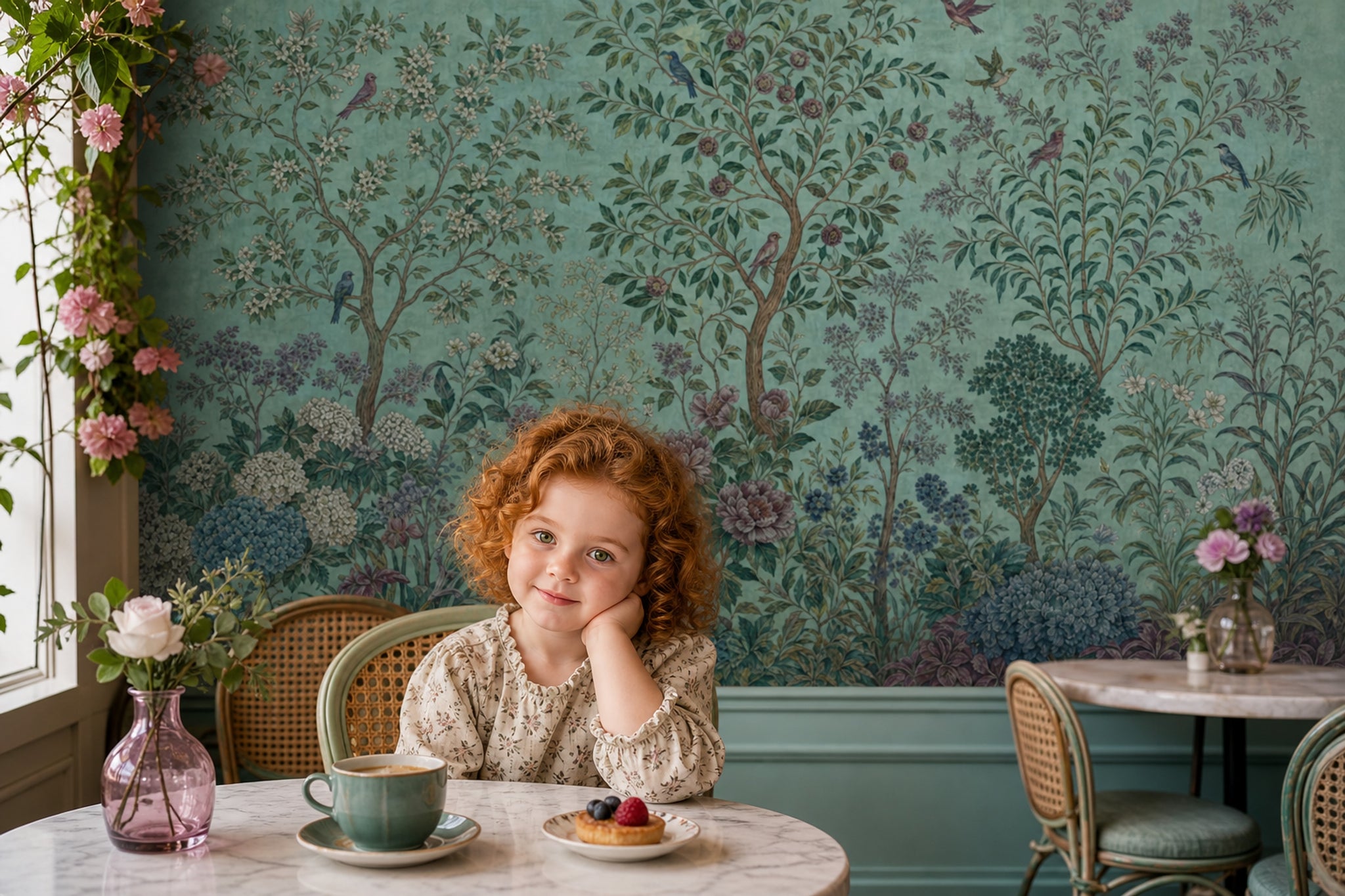 Teal Botanical Wallpaper Vintage Garden Chinoiserie Inspired Wall Mural