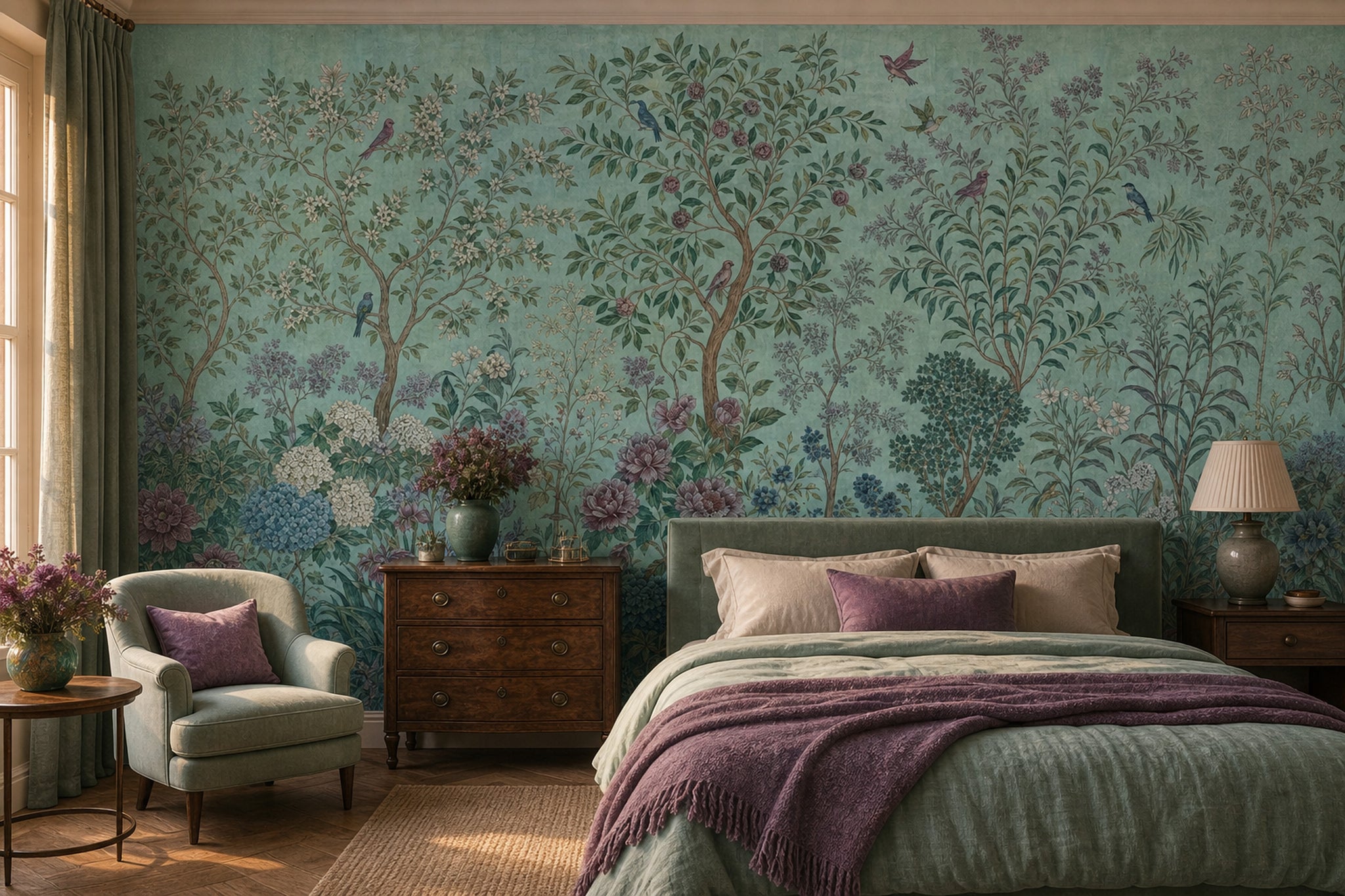 Teal Botanical Wallpaper Vintage Garden Chinoiserie Inspired Wall Mural