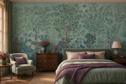 Teal Botanical Wallpaper Vintage Garden Chinoiserie Inspired Wall Mural
