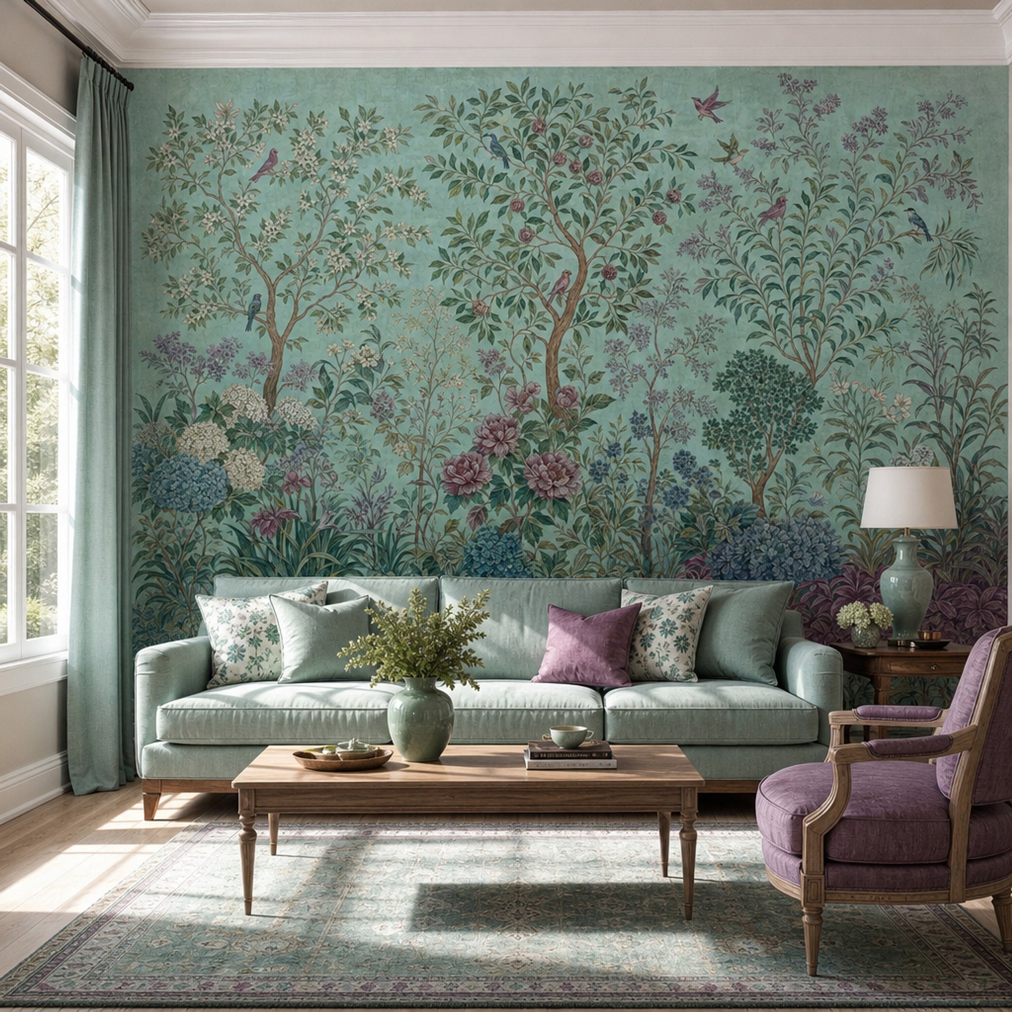 Teal Botanical Wallpaper Vintage Garden Chinoiserie Inspired Wall Mural