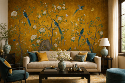 Chinoiserie Wallpaper Gold Leaf Background Removable Oriental Birds Wall Decor