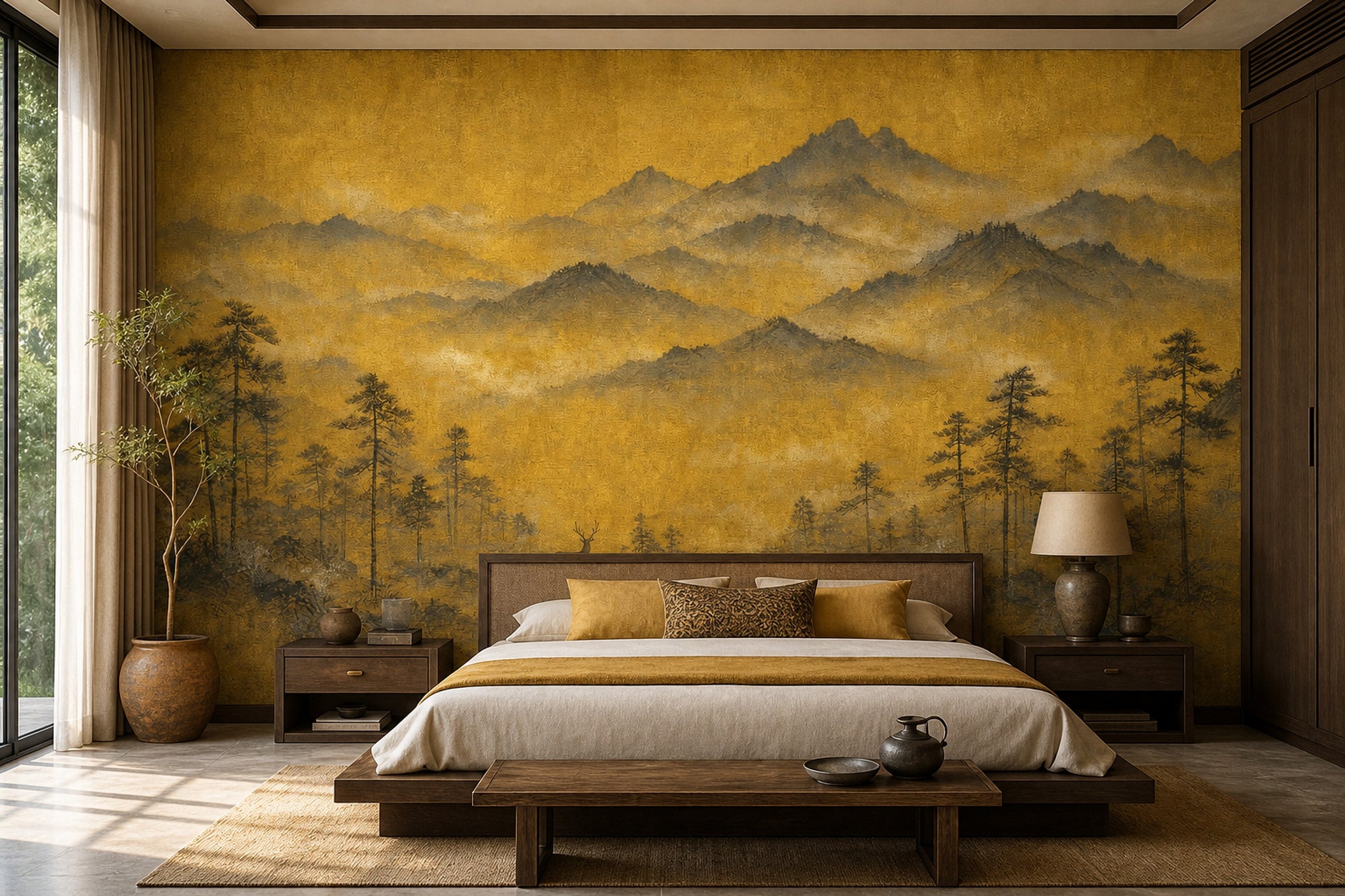 Golden Mountain Landscape Wallpaper Misty Hills Deer Silhouette Wall Mural