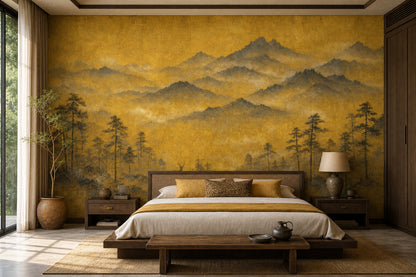 Golden Mountain Landscape Wallpaper Misty Hills Deer Silhouette Wall Mural