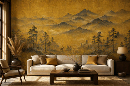 Golden Mountain Landscape Wallpaper Misty Hills Deer Silhouette Wall Mural