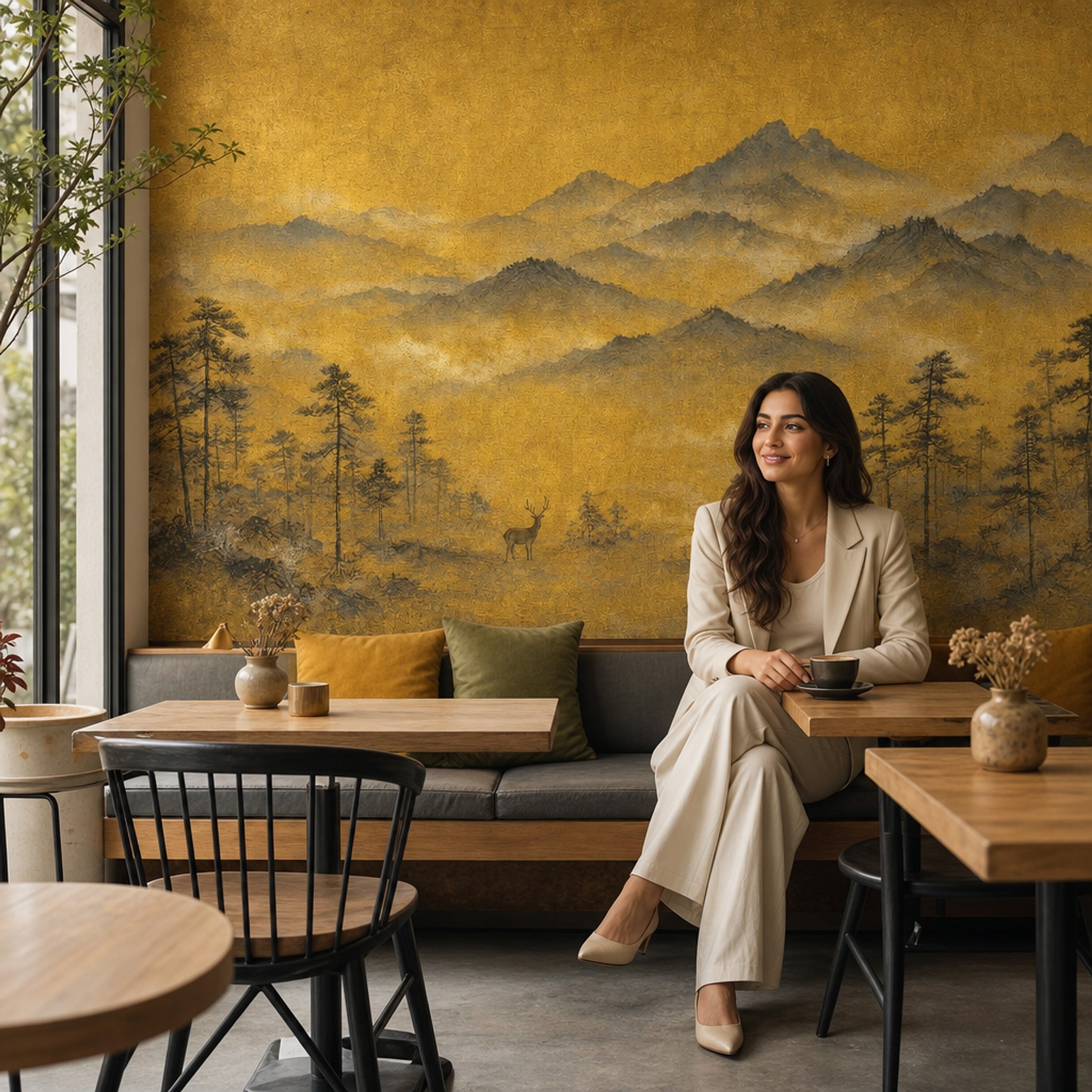 Golden Mountain Landscape Wallpaper Misty Hills Deer Silhouette Wall Mural