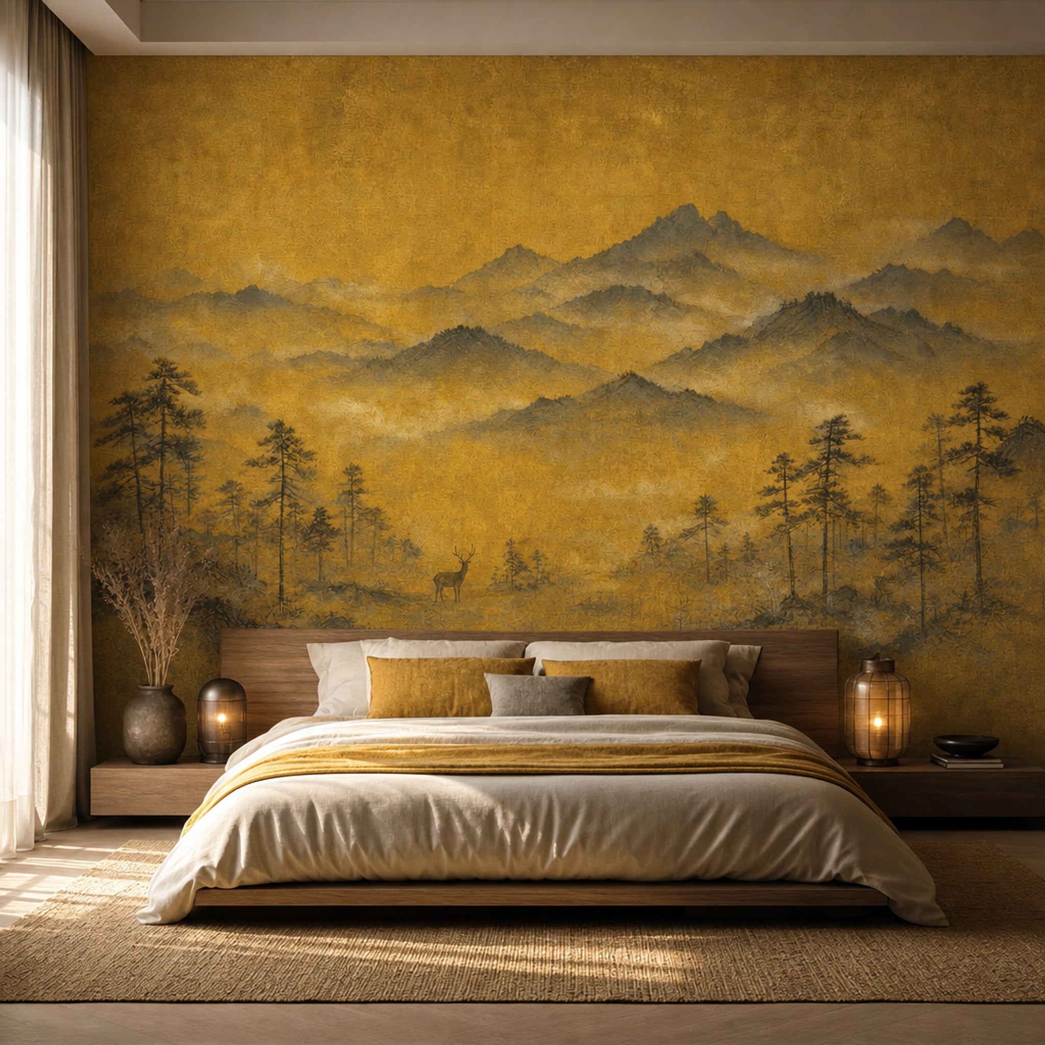 Golden Mountain Landscape Wallpaper Misty Hills Deer Silhouette Wall Mural