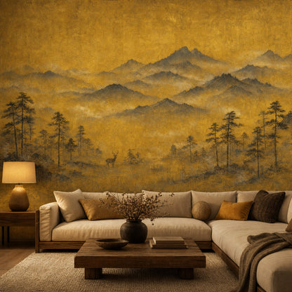 Golden Mountain Landscape Wallpaper Misty Hills Deer Silhouette Wall Mural