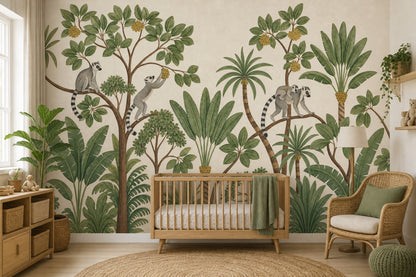 Tropical Jungle Wallpaper Lemurs Removable Botanical Wall Decor