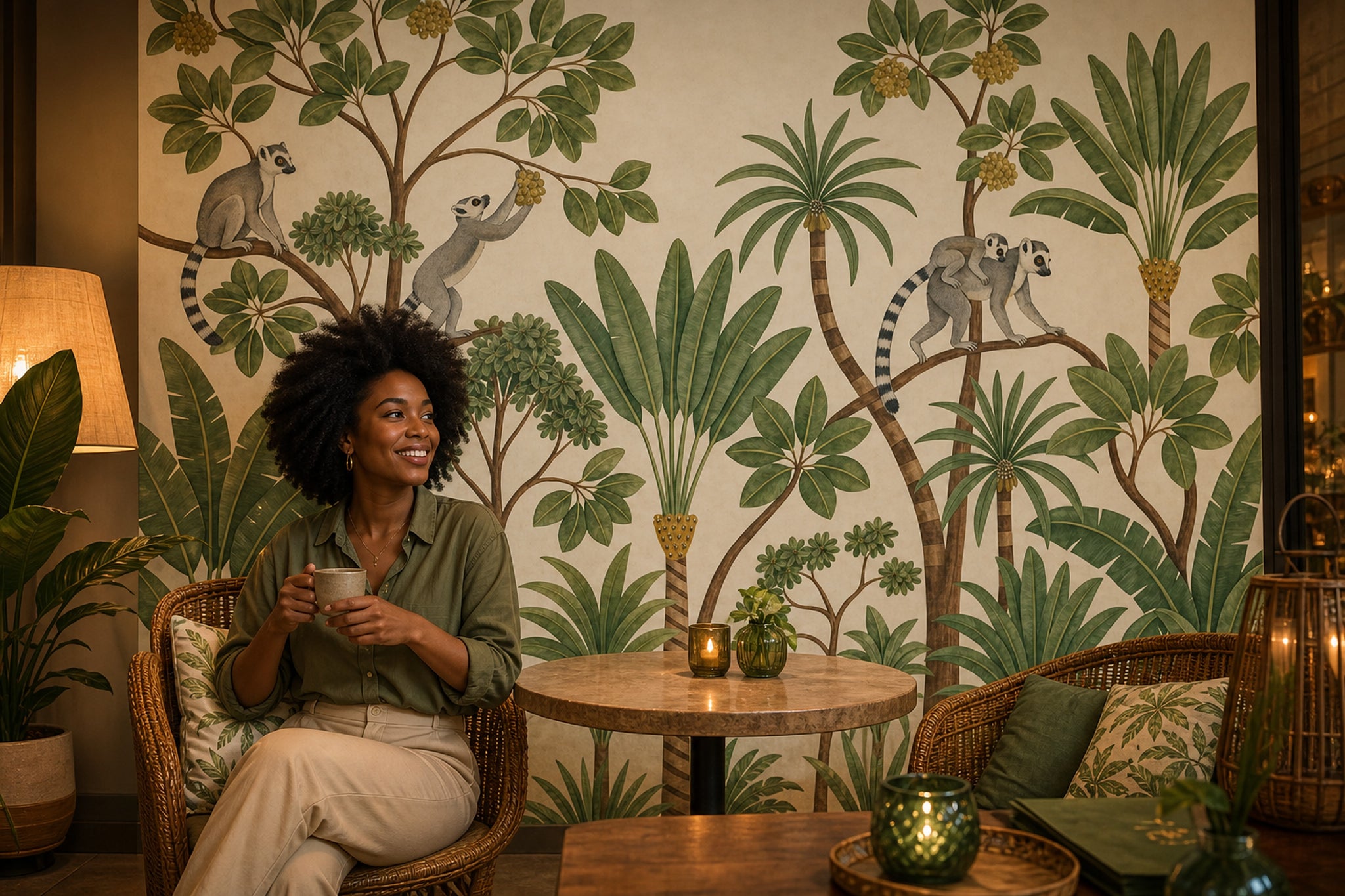 Tropical Jungle Wallpaper Lemurs Removable Botanical Wall Decor