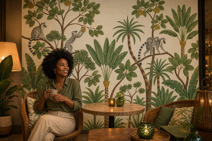 Tropical Jungle Wallpaper Lemurs Removable Botanical Wall Decor