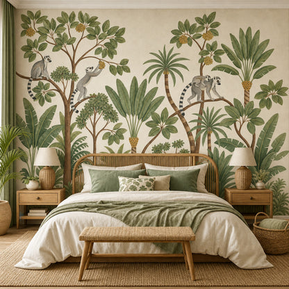 Tropical Jungle Wallpaper Lemurs Removable Botanical Wall Decor