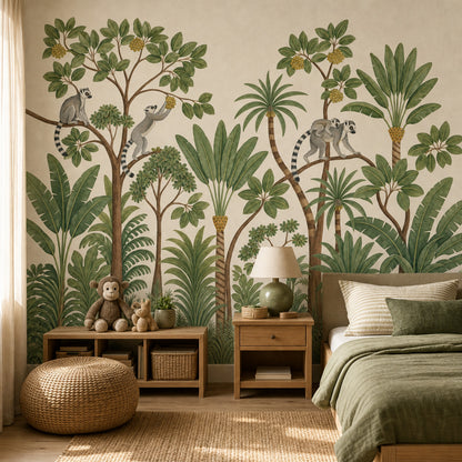 Tropical Jungle Wallpaper Lemurs Removable Botanical Wall Decor