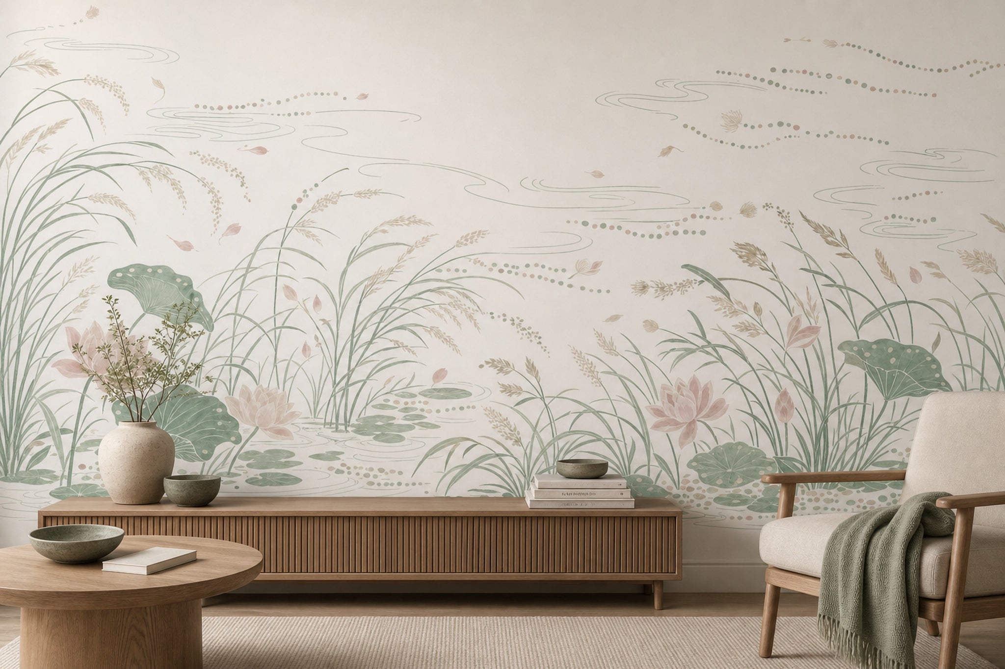 Lotus Pond Wallpaper Water Lilies Sage Green Removable Wall Decor