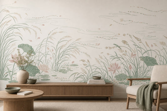 Lotus Pond Wallpaper Water Lilies Sage Green Removable Wall Decor