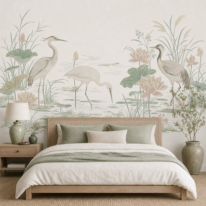 Wetland Landscape Wallpaper Cranes Removable Asian Inspired Wall Decor