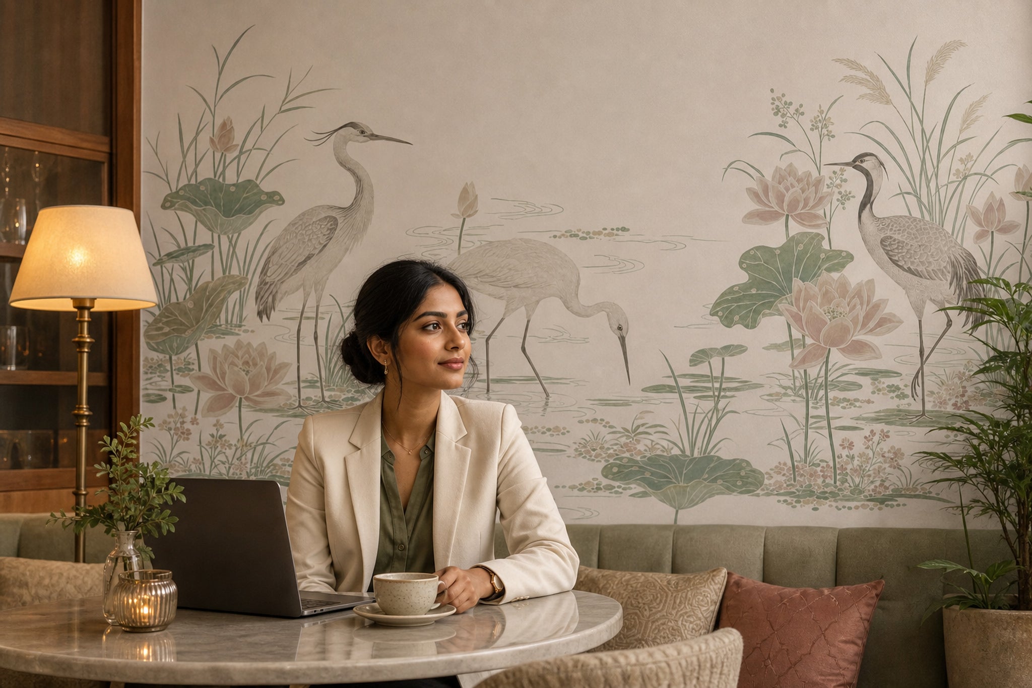 Wetland Landscape Wallpaper Cranes Removable Asian Inspired Wall Decor