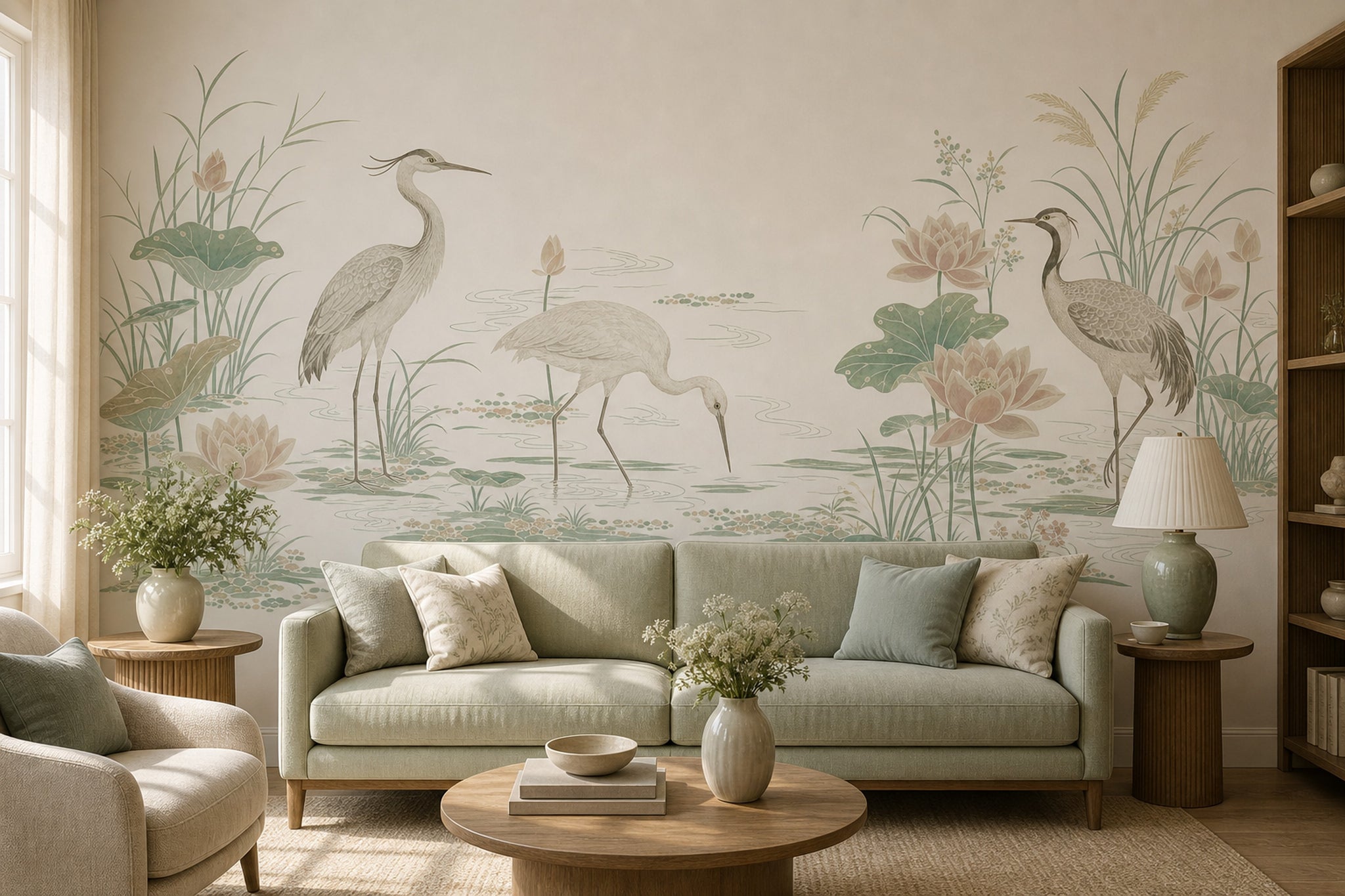 Wetland Landscape Wallpaper Cranes Removable Asian Inspired Wall Decor