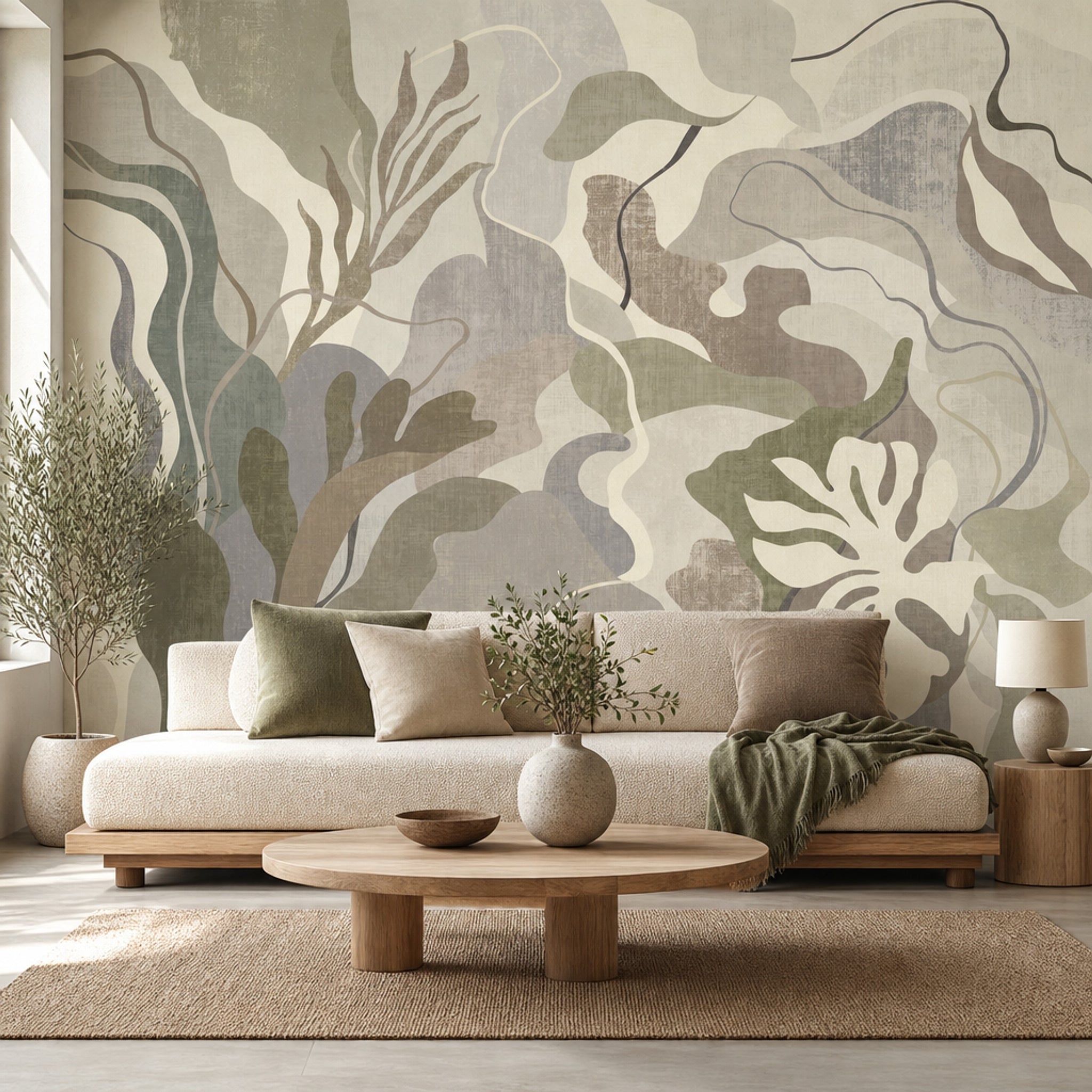 Abstract Botanical Wallpaper Oversized Leaves Muted Neutrals Removable Wall Decor