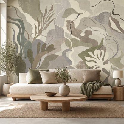 Abstract Botanical Wallpaper Oversized Leaves Muted Neutrals Removable Wall Decor