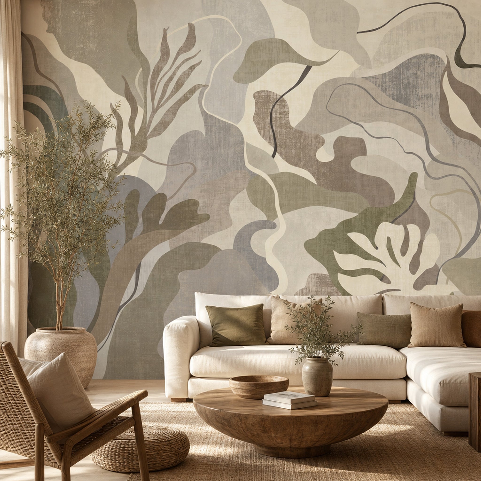 Abstract Botanical Wallpaper Oversized Leaves Muted Neutrals Removable Wall Decor