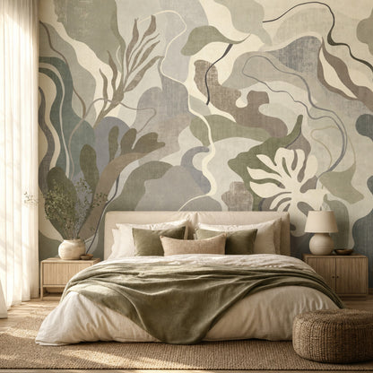 Abstract Botanical Wallpaper Oversized Leaves Muted Neutrals Removable Wall Decor