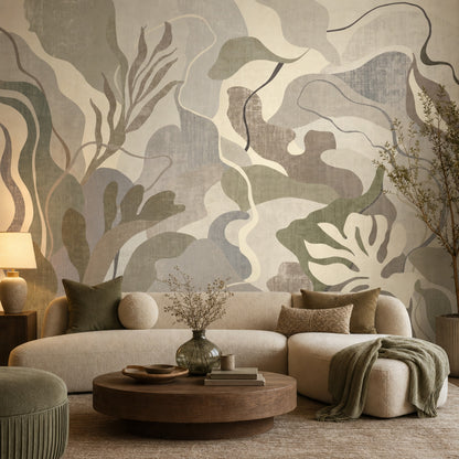 Abstract Botanical Wallpaper Oversized Leaves Muted Neutrals Removable Wall Decor