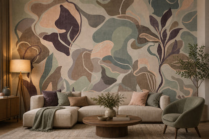 Abstract Botanical Wallpaper Organic Shapes Muted Palette Removable Wall Decor