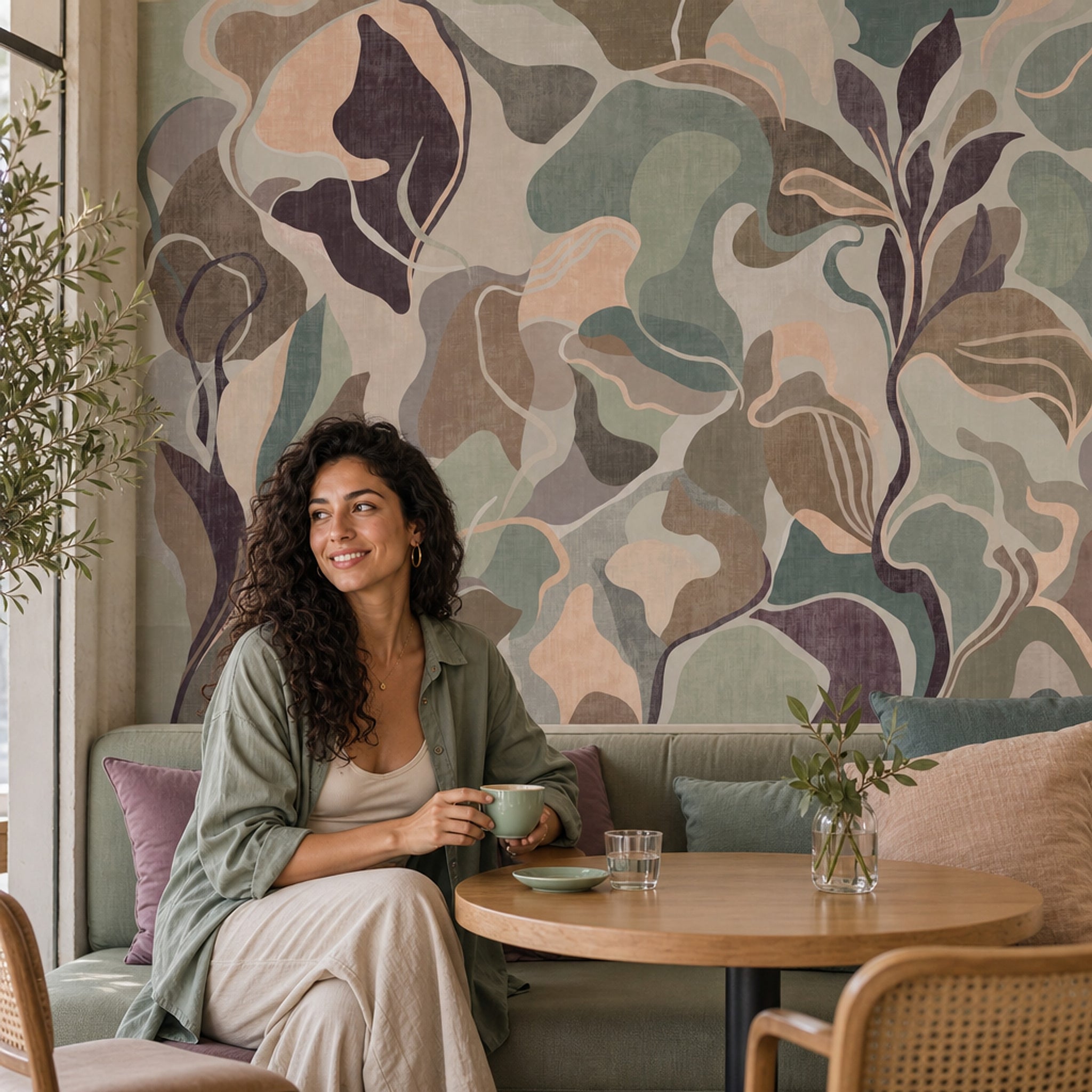 Abstract Botanical Wallpaper Organic Shapes Muted Palette Removable Wall Decor