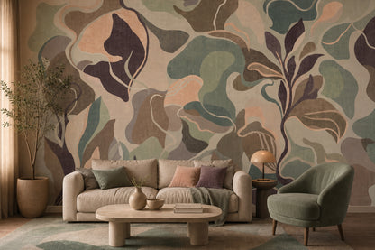 Abstract Botanical Wallpaper Organic Shapes Muted Palette Removable Wall Decor