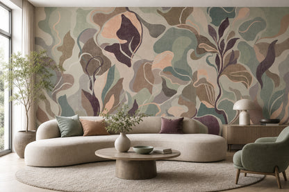 Abstract Botanical Wallpaper Organic Shapes Muted Palette Removable Wall Decor