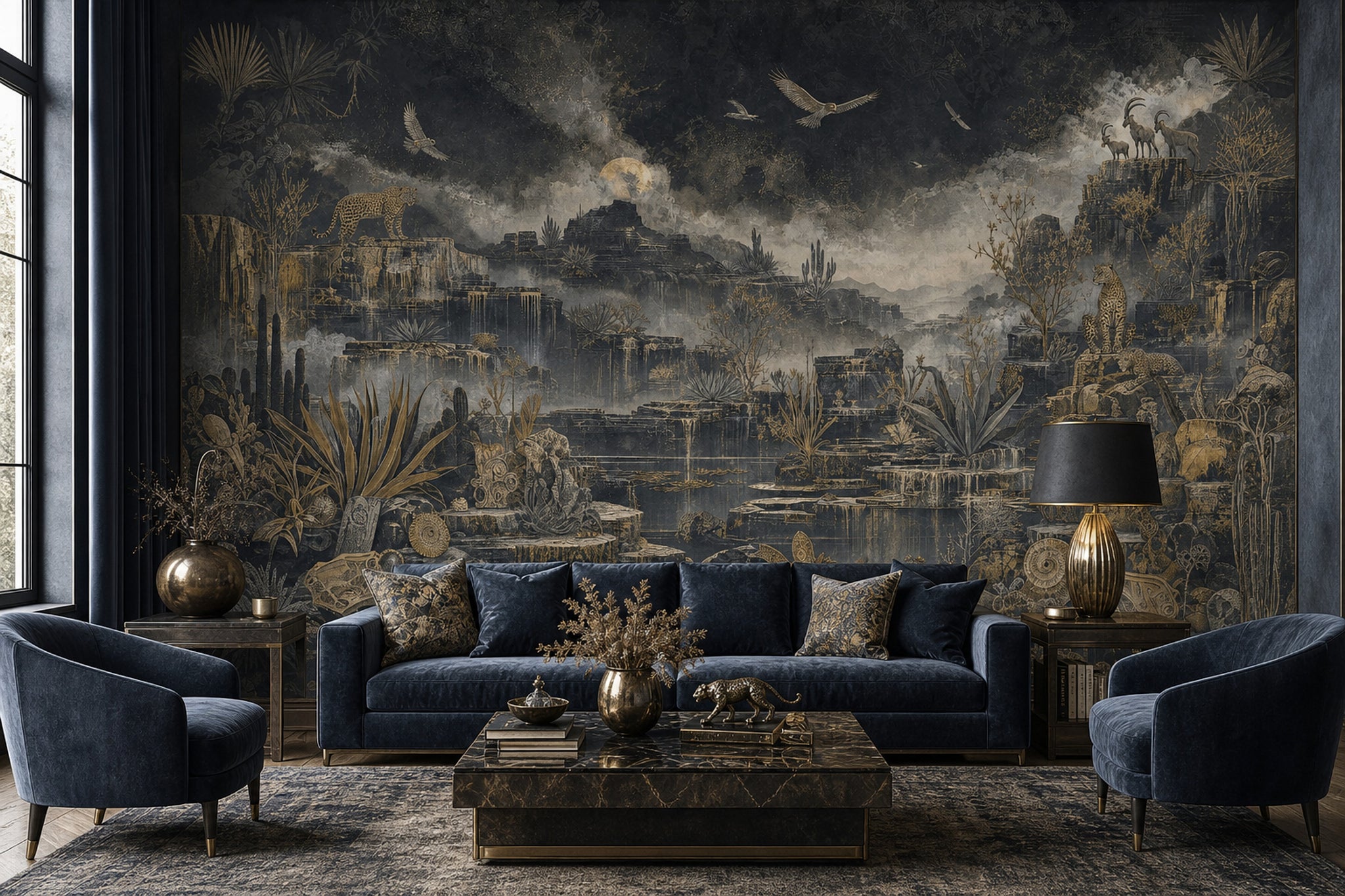 Night Landscape Wallpaper Canyon Cliffs Engraved Illustration Removable Wall Decor