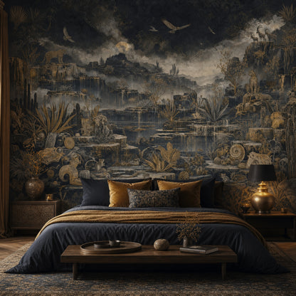 Night Landscape Wallpaper Canyon Cliffs Engraved Illustration Removable Wall Decor