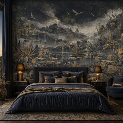 Night Landscape Wallpaper Canyon Cliffs Engraved Illustration Removable Wall Decor
