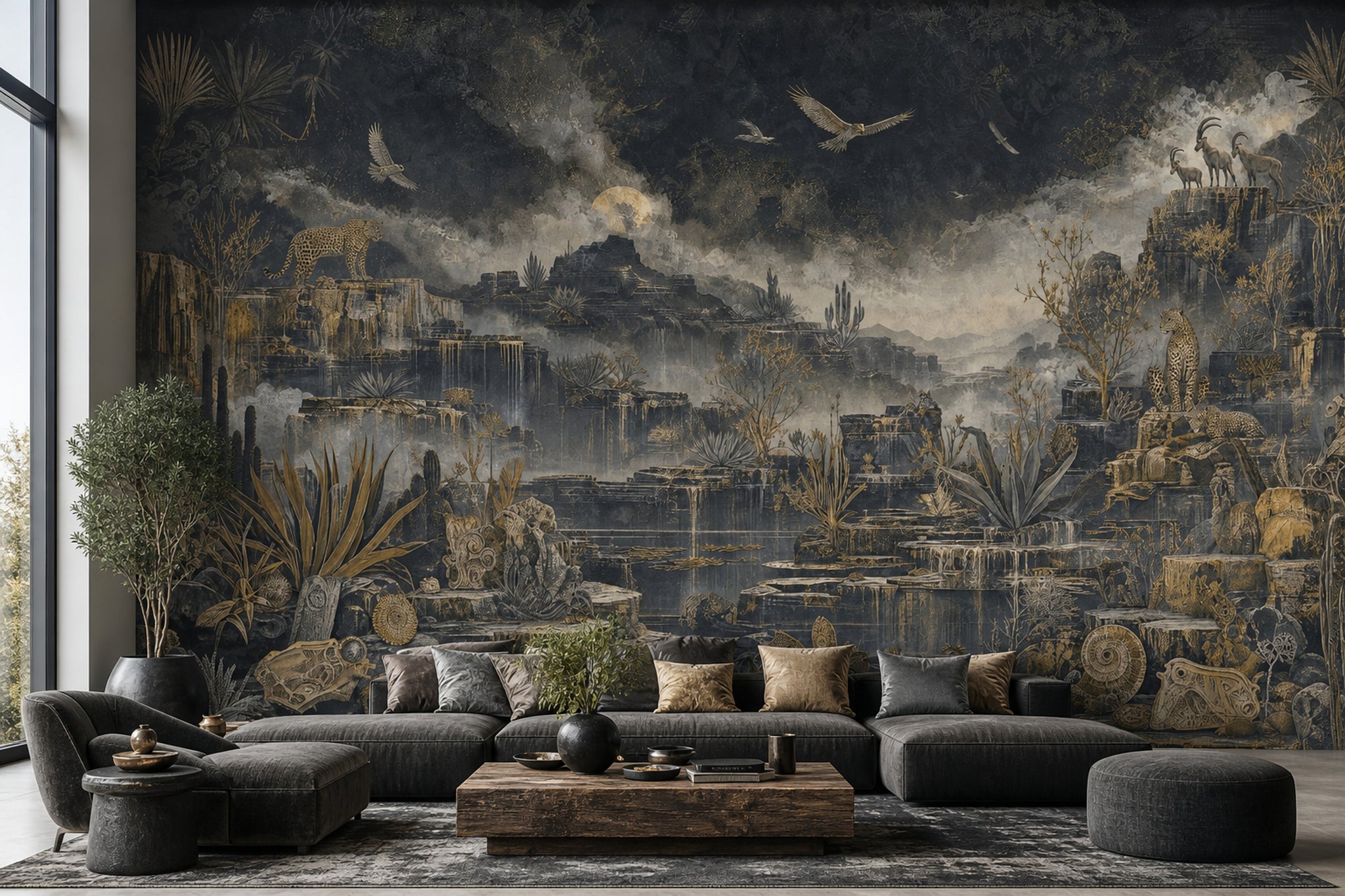 Night Landscape Wallpaper Canyon Cliffs Engraved Illustration Removable Wall Decor