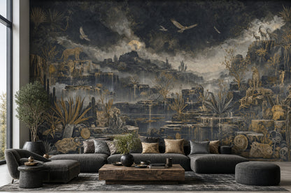 Night Landscape Wallpaper Canyon Cliffs Engraved Illustration Removable Wall Decor